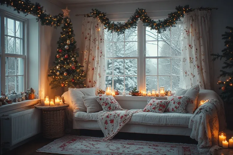 Christmas Reading Nook 8 Cottage-style Christmas nook with floral décor, lace curtains, and candles.