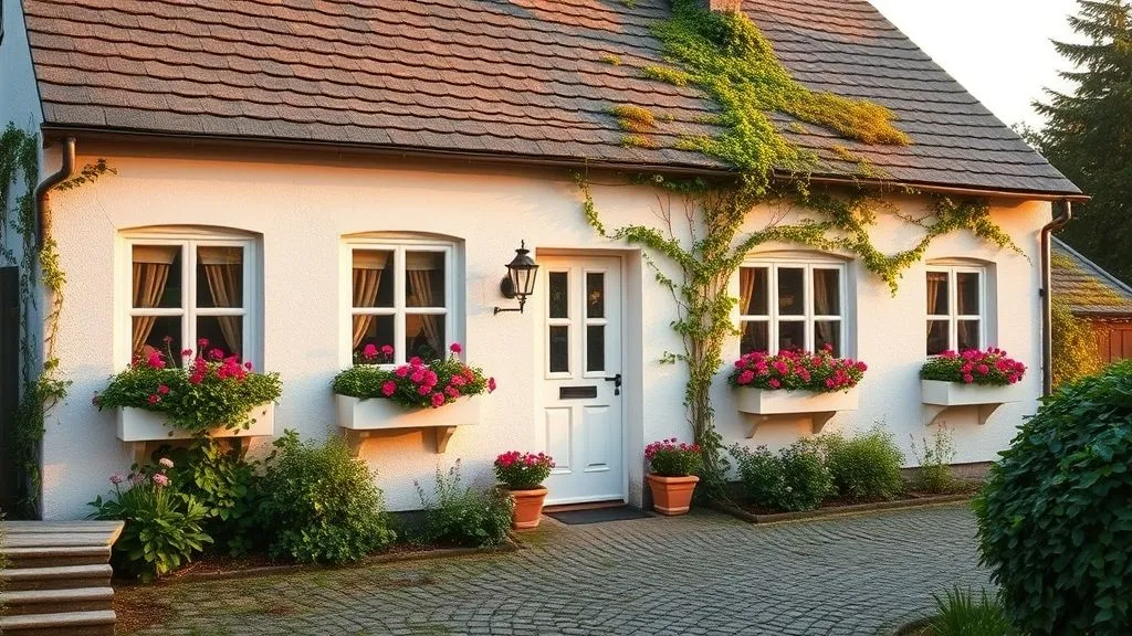 Stunning House Designs Exterior Ideas 5 Charming pastel cottage with shingled roof, white-framed windows, and colorful flower boxes surrounded by ivy and cobblestone pathways.
