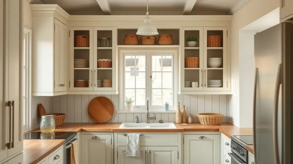 Kitchen Organization Ideas for a Clean and Functional Space 13 Cottage-style kitchen with open shelves and rustic baskets.