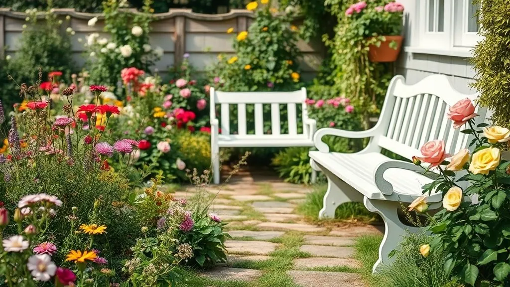 Charming cottage-style small garden with flowers and stone pathway.