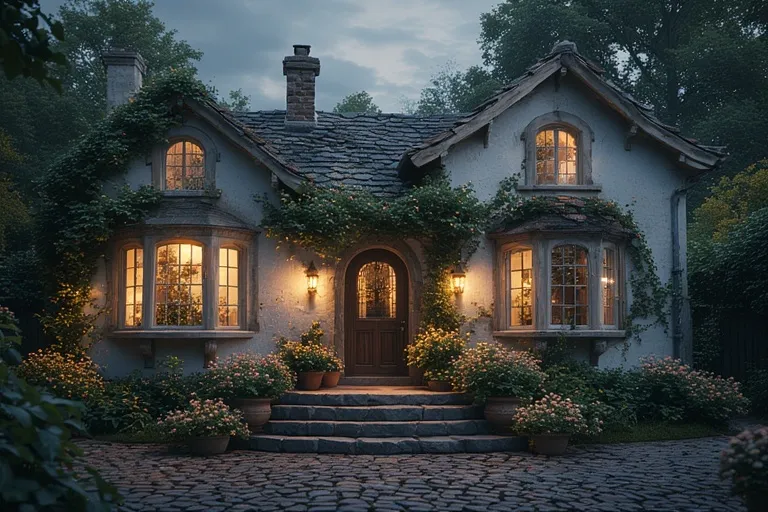Charming Cottage Ideas for Timeless Comfort 14 Cottage with arched door, round windows, and garden path glowing softly at dusk.