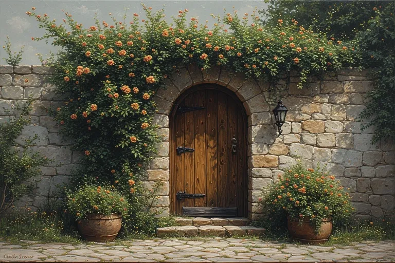20 Cottage House Ideas You Will Love 15 Full 16:9 view of cottage with arched wooden door and climbing flowers.