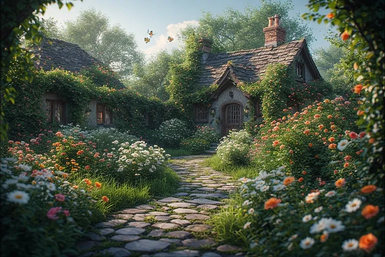 Charming Cottage Ideas for Timeless Comfort 4 Cottage surrounded by blooming flowers, climbing vines, and a stone path in a vibrant summer garden.