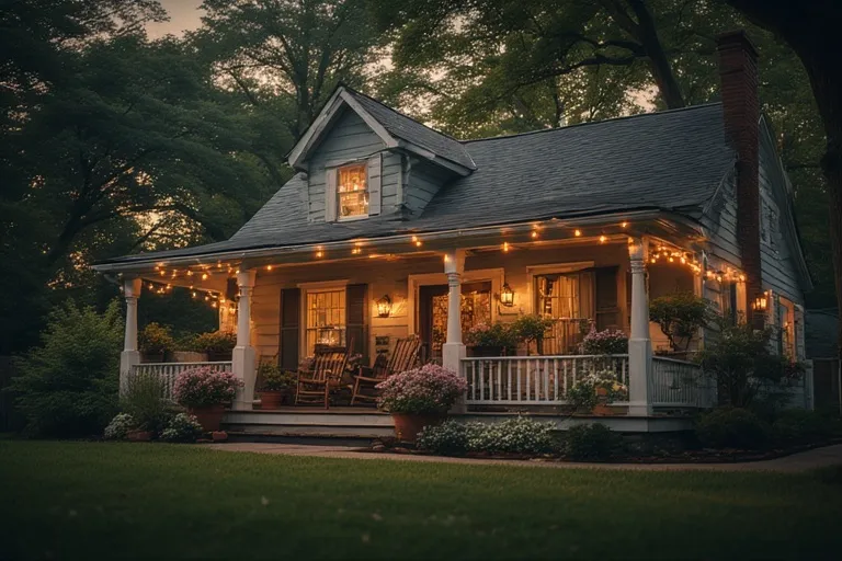 Charming Cottage Ideas for Timeless Comfort 10 Cottage with wrap-around porch, rocking chairs, and evening lights in a cozy setting.