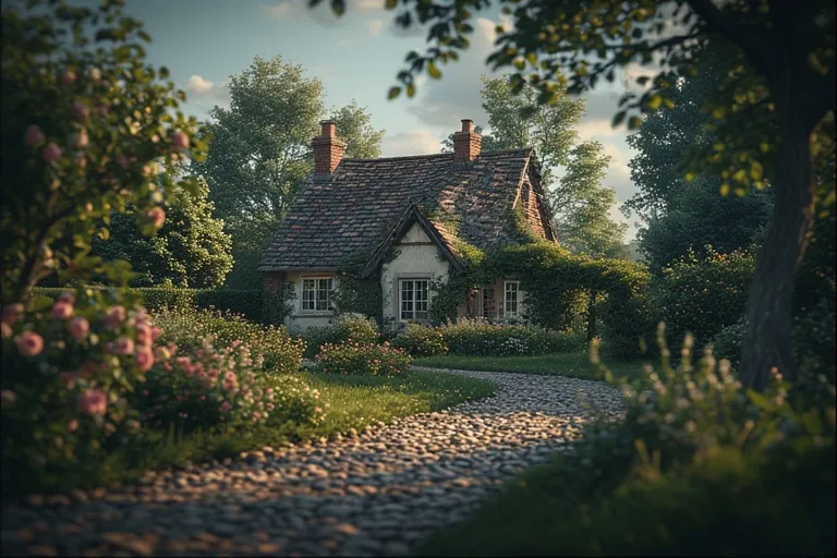 20 Cottage House Ideas You Will Love 10 Full 16:9 view of country cottage with winding pathway and flowering shrubs.
