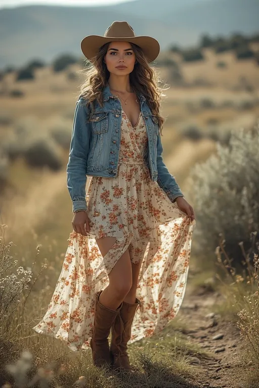10 Cowgirl Style Outfit Ideas 6 Cowgirl-inspired outfit featuring a floral dress, ankle boots, and denim jacket in a countryside setting.