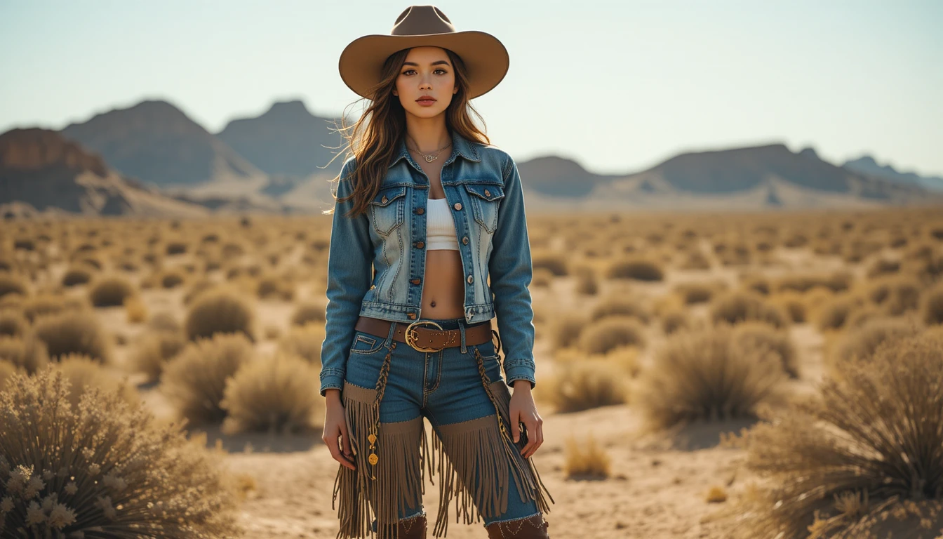 Trendy modern cowgirl style outfit with hat, denim jacket, fringed boots, and belt in a rustic desert setting.