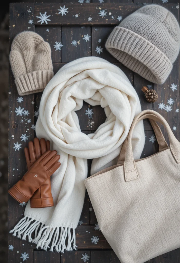 Nordic winter accessories including scarf, beanie, gloves, and tote — cozy Stockholm fashion details.