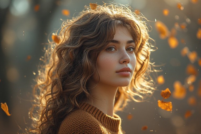 Woman with soft, wavy caramel hair in autumn sunlight wearing a cozy sweater.