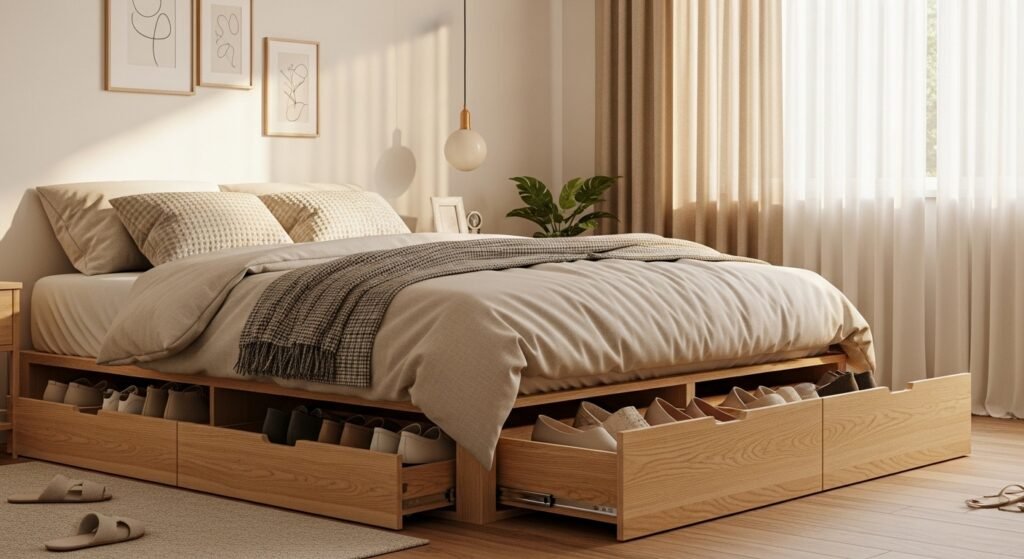 Shoe Storage Ideas for Stylish and Organized Homes 3 Under-bed wooden drawers storing shoes in a cozy minimalist bedroom with warm lighting.