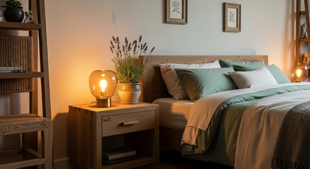 16 Dreamy Plant Lover Bedroom Ideas to Inspire Natural Decor 11 Bedroom with a wooden nightstand holding a lavender pot and a glowing lamp. Cozy bedding in sage and cream enhances the calming natural look. image size 16:9