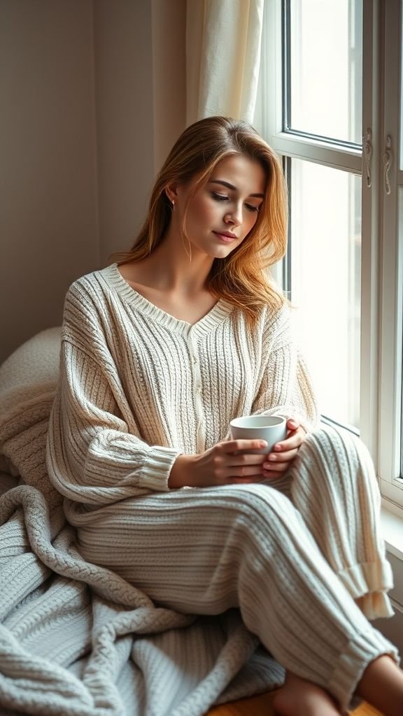 Winter Fashion Inspo: Chic Looks to Stay Warm 16 Woman in cozy knit loungewear enjoying a relaxed and stylish winter day at home.