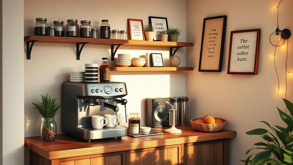Full view of a cozy home coffee bar with wooden shelves, espresso machine, mugs, and warm ambient lighting, styled with plants and rustic décor for a welcoming café vibe.
