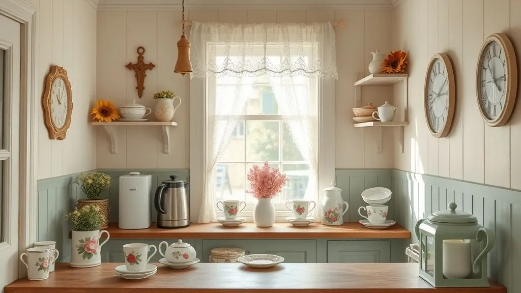 Cozy Coffee Bar Ideas for Every Home 17 Cottage-style coffee bar with floral mugs and pastel tones in a cozy setting.