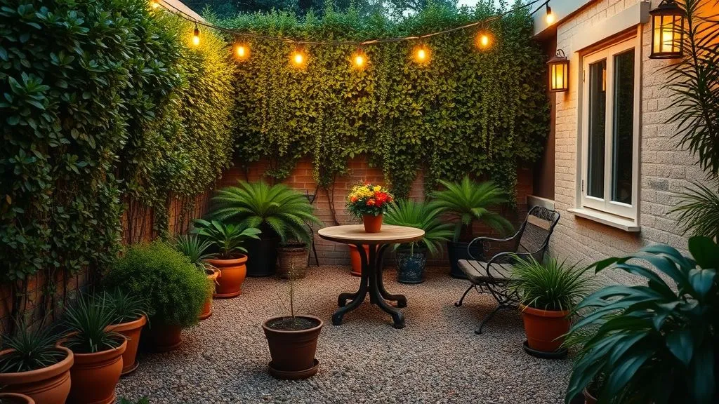 Charming small courtyard garden with warm string lights and lush plants.