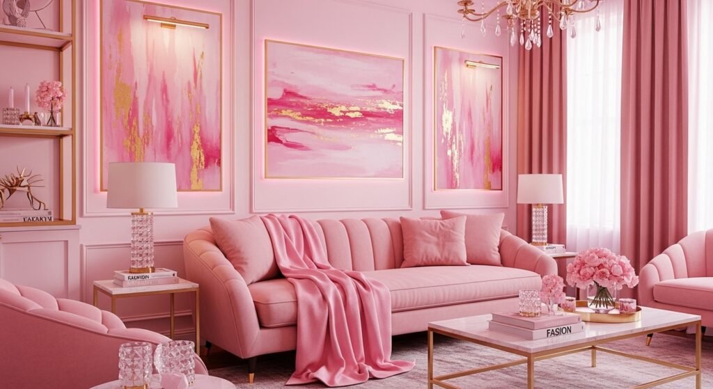 Cozy Home Interiors for Comfort and Timeless Charm 8 A cozy lounge in blush pink tones with soft fabrics and romantic warm lighting.