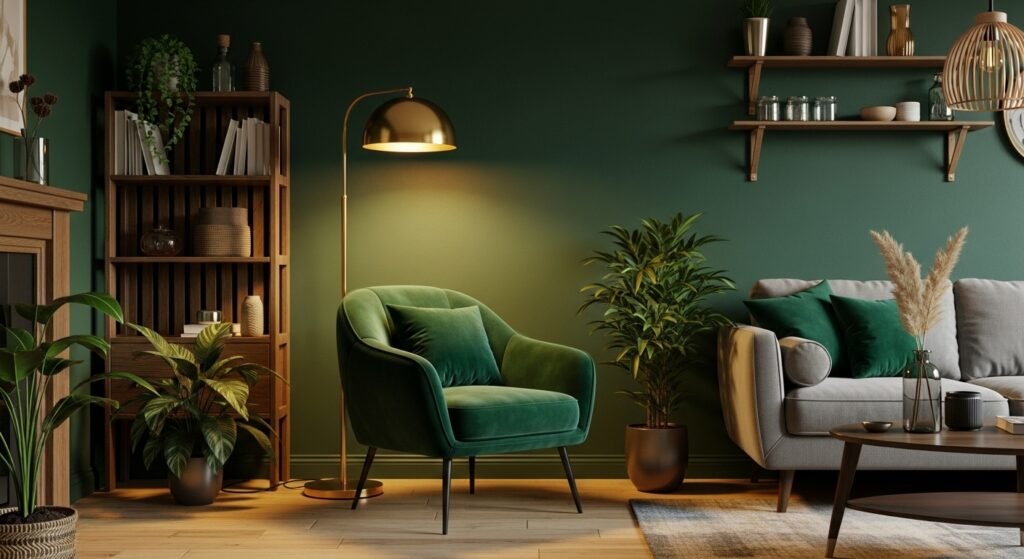 Cozy Home Interiors for Comfort and Timeless Charm 9 A cozy home interior in forest green tones with warm golden lighting.