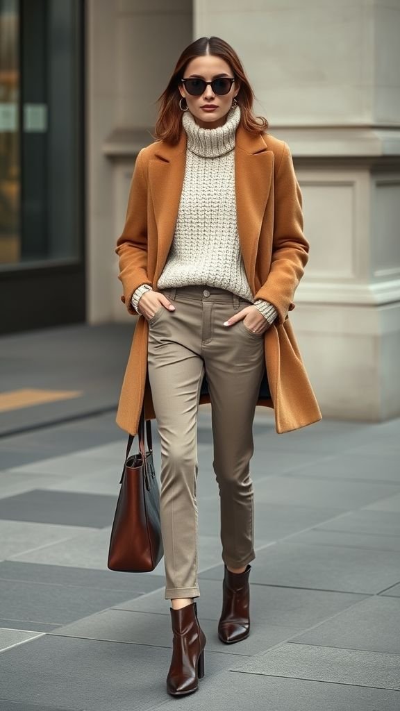 Effortless Neutral Outfits Ideas 3 Chunky cream knit sweater styled with slim trousers and camel coat in neutral winter look