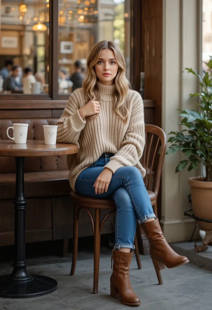 Fall Outfits Ideas For Cool Weather Style 3 Woman in oversized beige sweater with jeans and boots enjoying cozy fall fashion.
