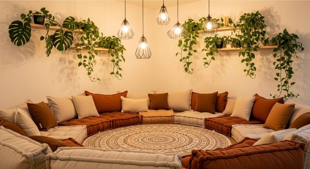 16 Stylish Ideas for Decorating with Comfy Floor Cushions 8 Modern boho living space with circular arrangement of floor cushions for gatherings.