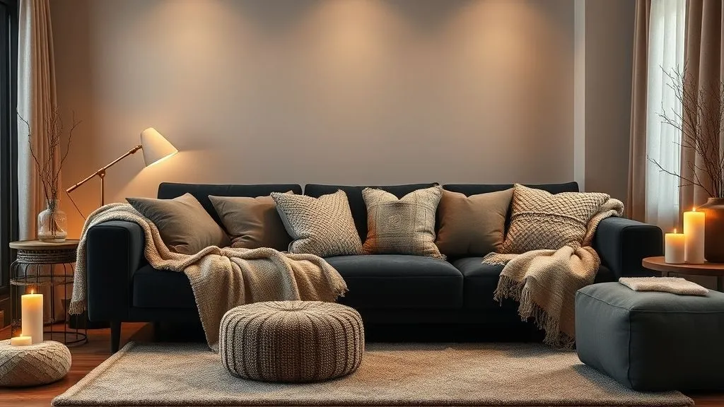 Black Couch Living Room Decor Ideas for a Stylish and Modern Home 5 Cozy living room with black velvet sofa, layered textures, and soft lighting for a warm, inviting mood.