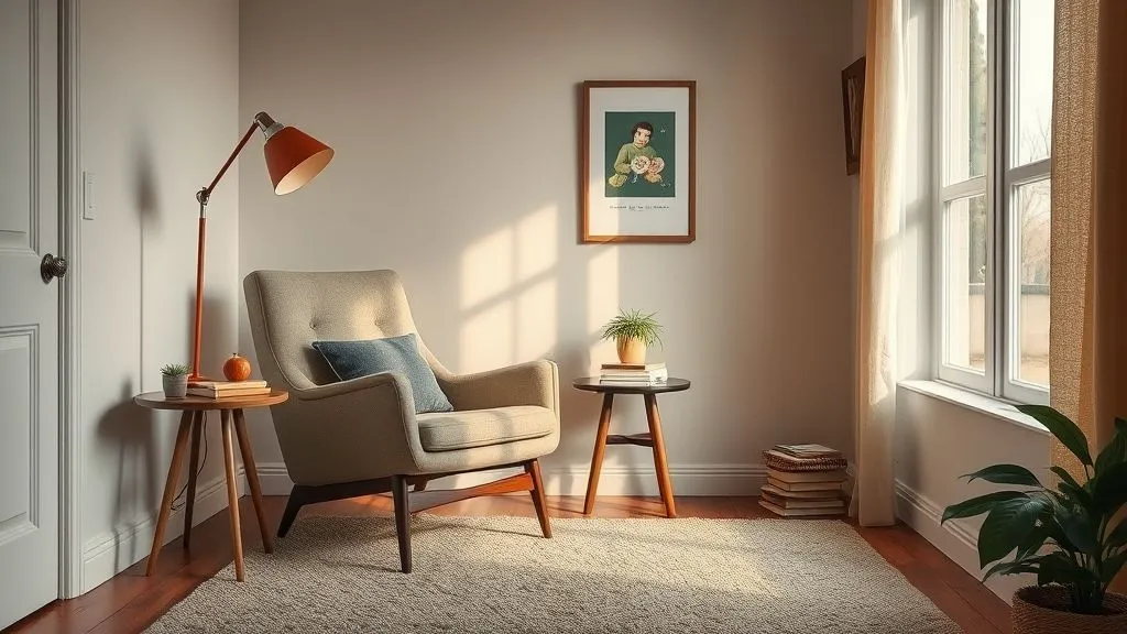 Stylish Mid-Century Modern Bedroom Ideas 10 Mid-century reading corner with wooden armchair, floor lamp, and cozy lighting.