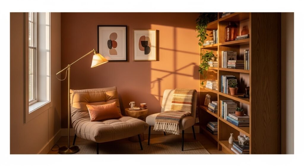16 Affordable Cozy Home Decor for Modern Interiors 11 Inviting reading nook with cushioned armchair, warm lighting, and soft decor.
