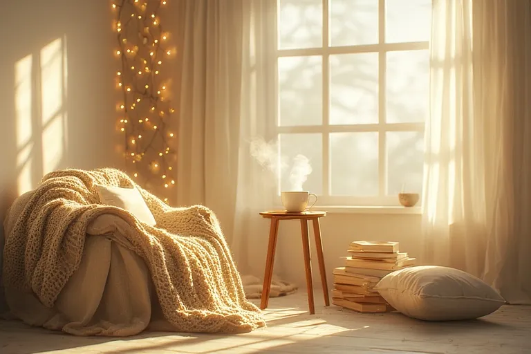 Cozy reading nook with armchair, warm lighting, books, and soft blankets by a sunny window.