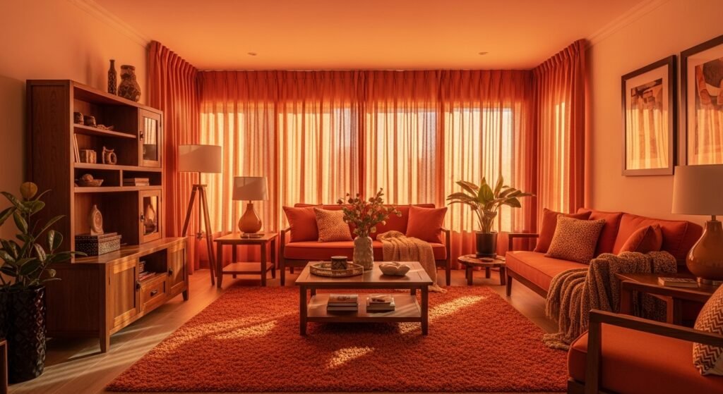 Cozy Home Interiors for Comfort and Timeless Charm 10 A cozy living room in rust orange with warm wooden decor and soft sunset light.
