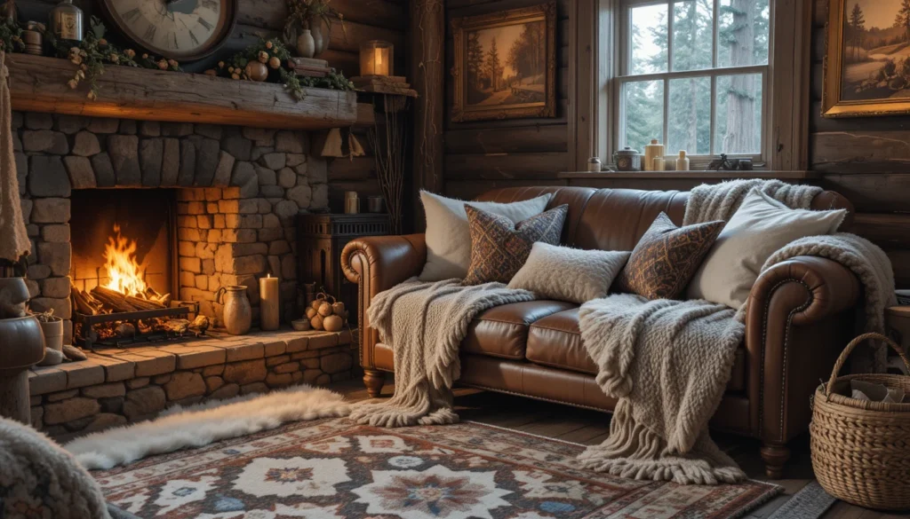 Rustic Cabin Interiors: The Ultimate Guide to Cozy and Natural Home Decor 4 Cozy rustic cabin corner with layered fabrics, wool throws, and fur rugs.