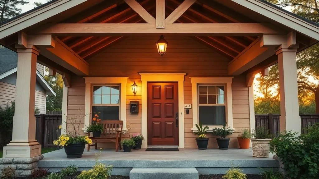 Stunning House Designs Exterior Ideas 10 Inviting Craftsman bungalow with wooden beams, tapered columns, and a cozy front porch with potted plants at sunset.