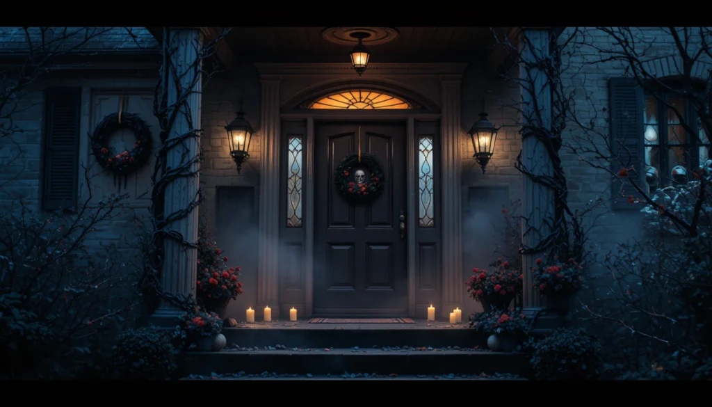 Halloween Porch & Outdoor Decorations 2 Spooky Halloween porch entrance with skeletons, candles, and eerie fog.