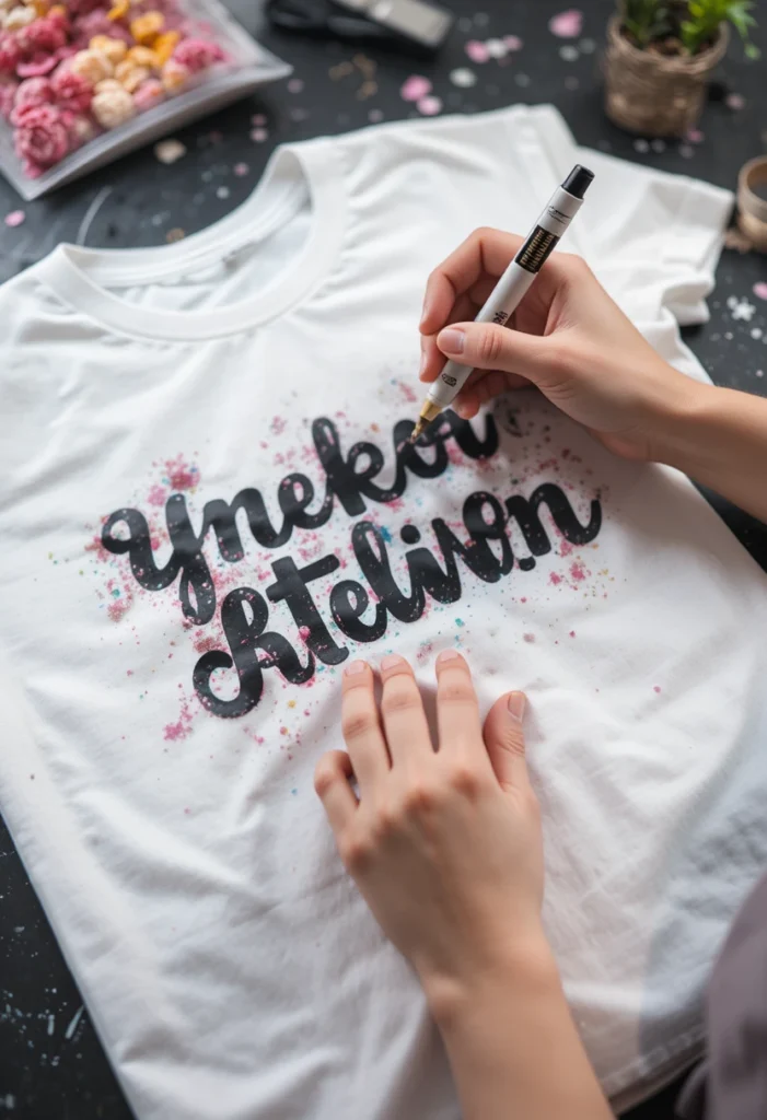 White Lie Ideas Funny Party Shirt Trends 8 Close-up of DIY white lie T-shirt being made with vinyl letters and markers on a tidy workspace.