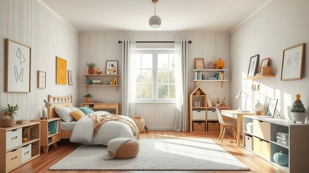 Full-view creative kids room combining modern, Scandinavian, and playful elements with cozy textures, pastel tones, and organized design.