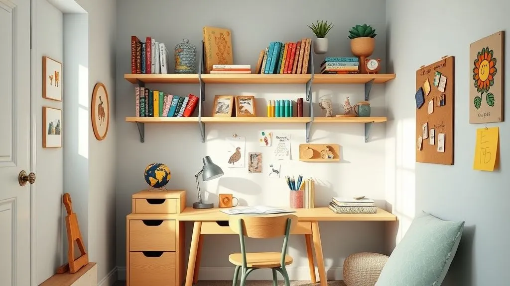 Kids study corner with wooden desk, shelves, and colorful art supplies for creativity.