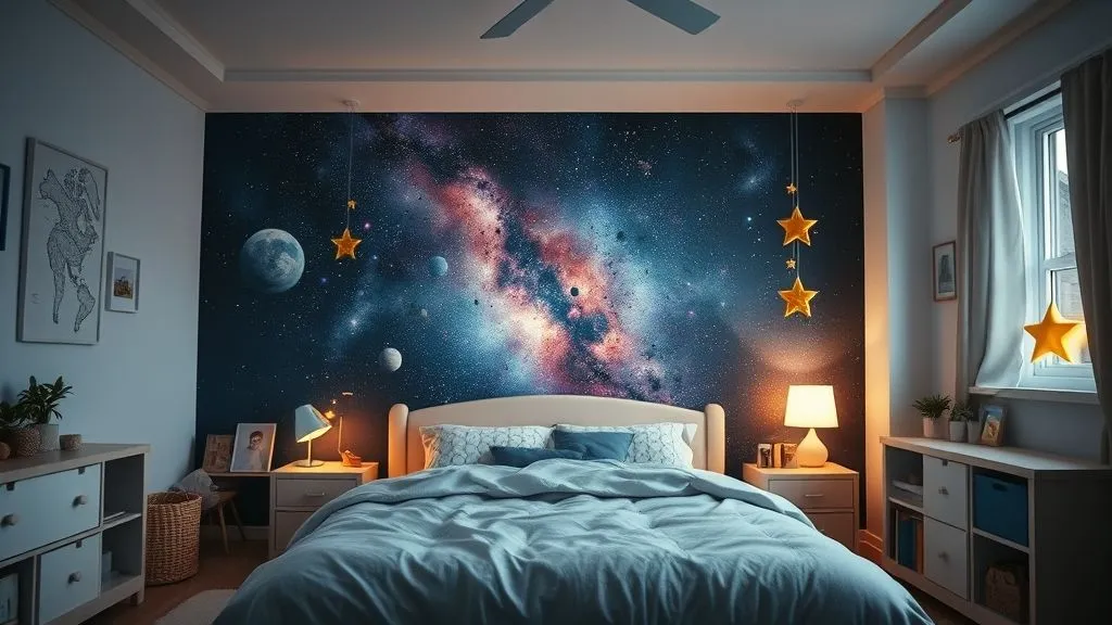 Kids’ room with galaxy-themed wall mural and ambient lighting.