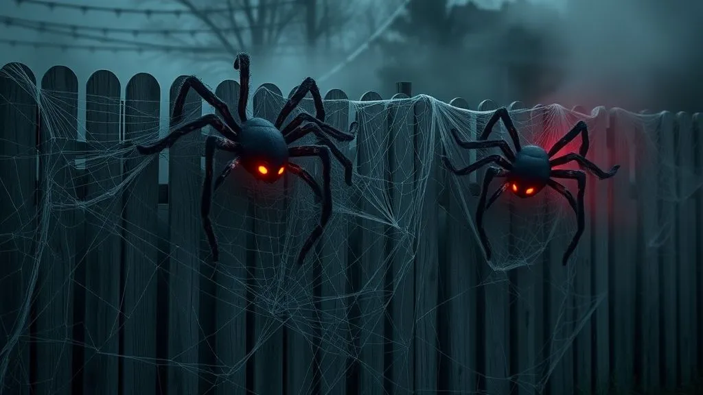 Spooky & Stylish Halloween Outdoor Decorations 7 Fence wrapped with huge spiders, webs, and eerie red lights for Halloween.