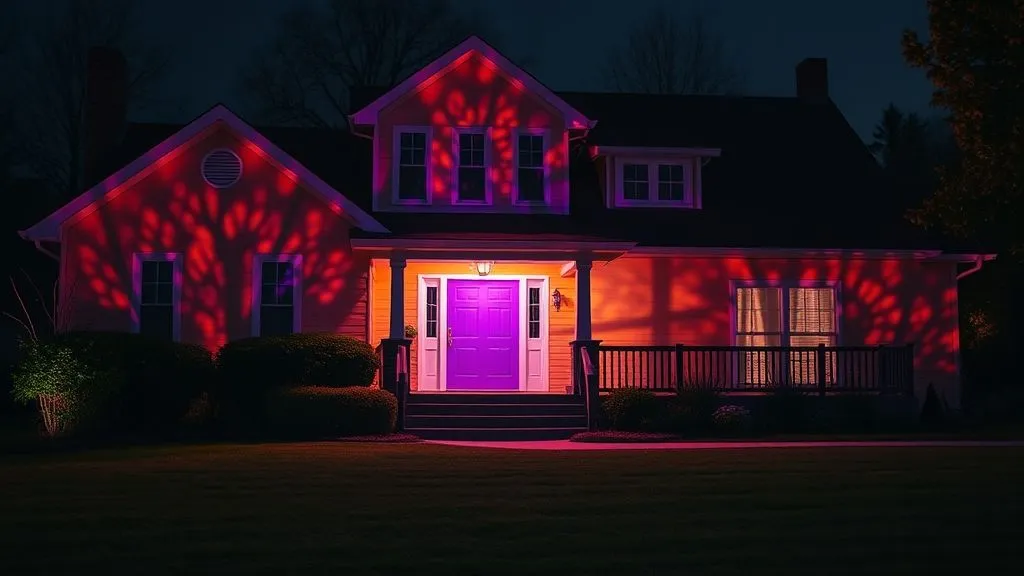 Spooky & Stylish Halloween Outdoor Decorations 19 Halloween house with spooky orange and purple lighting setup.