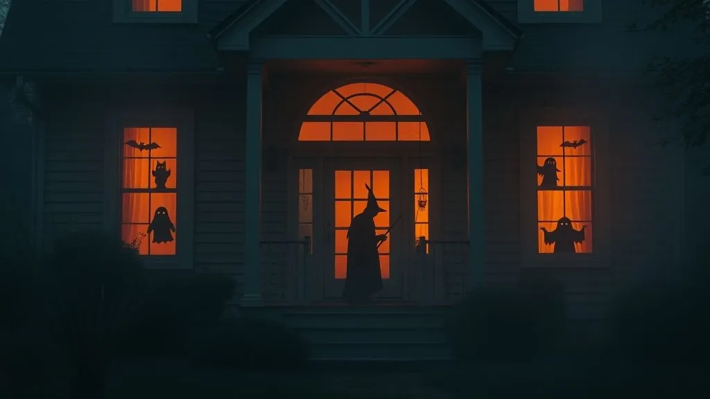 Spooky Halloween Outdoor Decorations 11 Halloween house with glowing orange windows featuring ghost and bat silhouettes.
