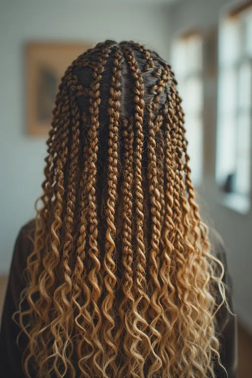 Beautiful braided curly hairstyles 7 Woman with curly box braids styled with defined curly ends.