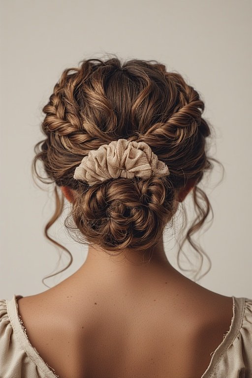 Curly bun hairstyle with braided details and a polished, graceful finish.