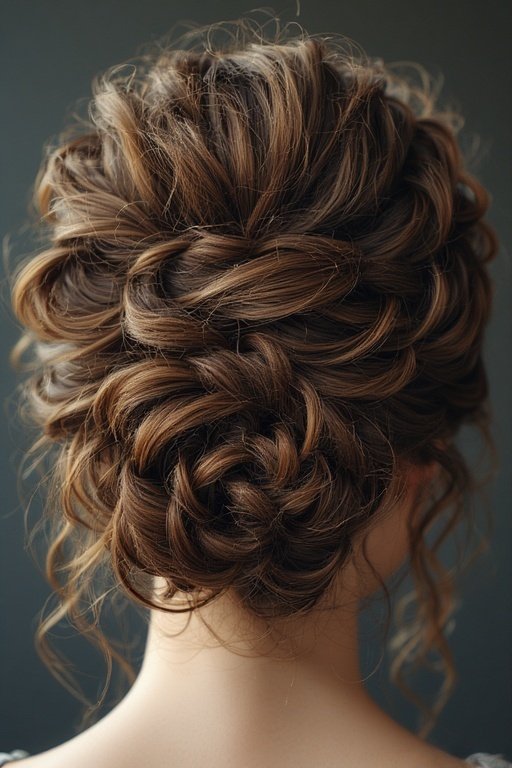 Braided & Curly Hairstyles 8 Elegant curly bun with braided accents, perfect for a stylish and sophisticated updo look.