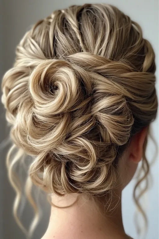 Braided & Curly Hairstyles 8 Elegant curly bun hairstyle with small braids feeding into the bun for a stylish textured updo.