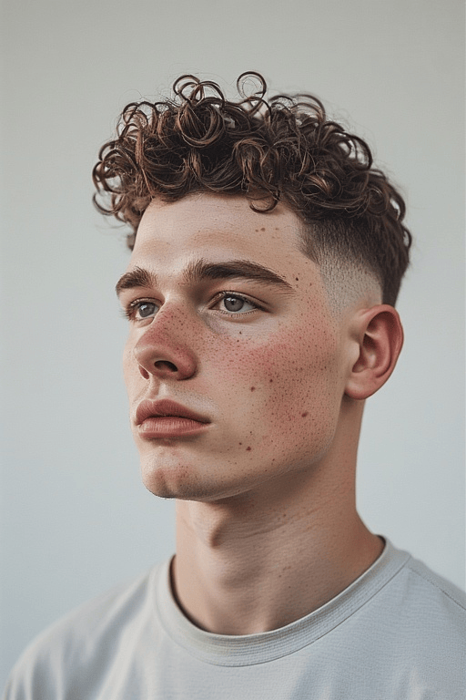 Trendy-Curly-Haircuts-For-Men 7 Man with curly fade haircut and defined curls on top for a modern look.