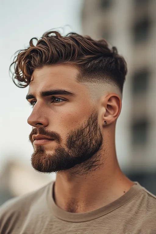 Man with a curly fade haircut and neatly trimmed beard, combining modern edge with classic masculinity.