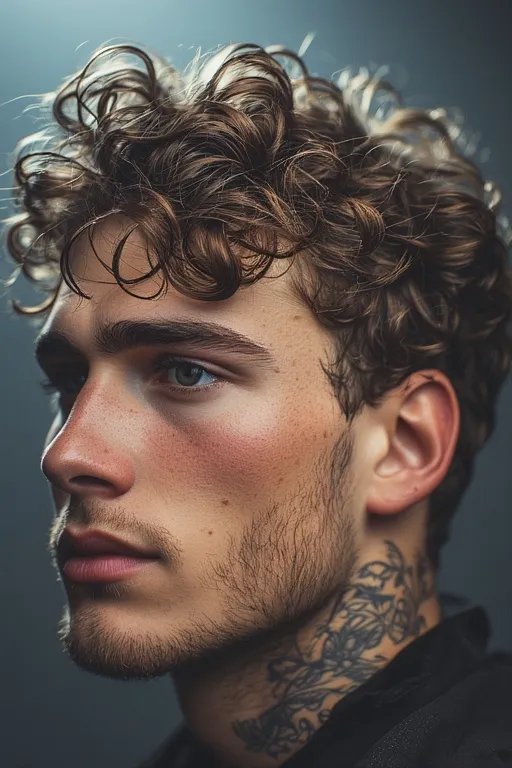 Curly hair mens styles trendy looks 10 Curly fringe hairstyle for men featuring natural curls framing the face.