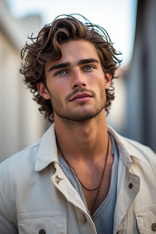 Trendy-Curly-Haircuts-For-Men 8 Man with curly fringe hairstyle featuring soft curls falling over forehead.