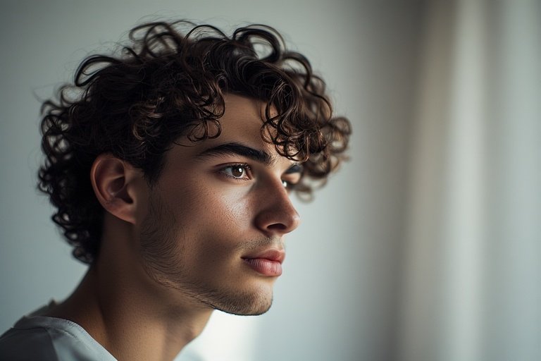 stylish man with defined curly fade hairstyle shocasing natural texture and mordran man's grooming.