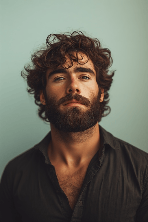 Trendy-Curly-Haircuts-For-Men 10 Man with curly hair and beard combination styled neatly for modern appeal.