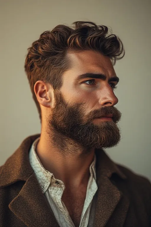 Trendy curly haircuts for men 9 Bearded man with curly hair for a bold, masculine style.